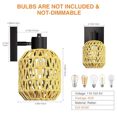 Image of CHICLUX Boho Rattan Plug in Wall Sconces, Farmhouse Wall Lamps Set of Two，Boho Rattan Sconces Wall Lighting Rustic with 330Adjustable Lampshade Suitable for Living Room, Hallway(Bulbs Not Included)