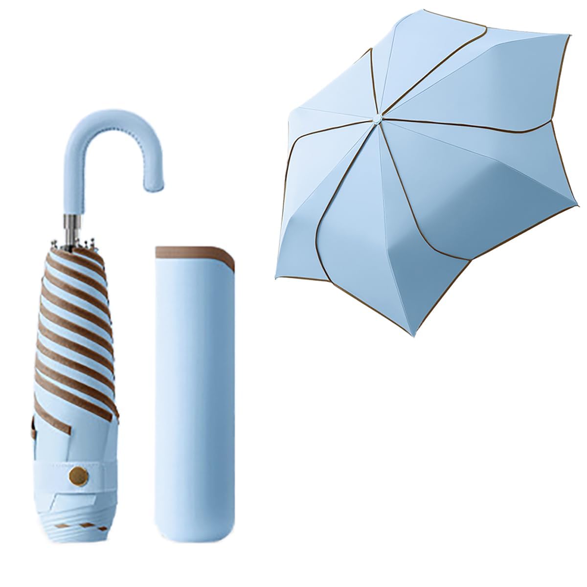 Blütenblattform Reise Faltender Regenschirm Mit Hakenförmigem Griff aus PU-Leder/ Leicht Taschenschirm für Kinder Damen/6 Rippen/Teflon Beschichtung/Sonnenschutz/Freien UV/Tasche Rucksack