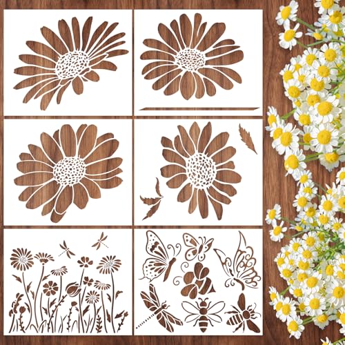 6 Pcs Large Flower Stencils for Painting on Walls Reusable Butterfly Stencils for DIY Home Decor Wildflower Templates for Painting on Wood Doormat Wall Floor Decor (Daisy.6)