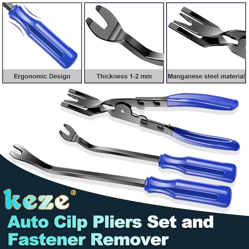 Image of Keze 7 Pcs Auto Plastic Trim Removal Pry Tool & Clip Plier Remover Kit for Removal Car Body Upholstery Door Panel Dashboard Automotive Push Rivets Fasteners-Blue