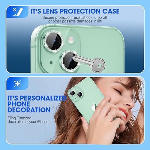 Image of Tempered Glass Camera Lens Protector Compatible For Iphone 15 /15 Plus Bling,Individual Metal Diamond Ring 9H Hardness Scratchproof Protector,Stylish Accessories,Case Friendly(Green Diamond)