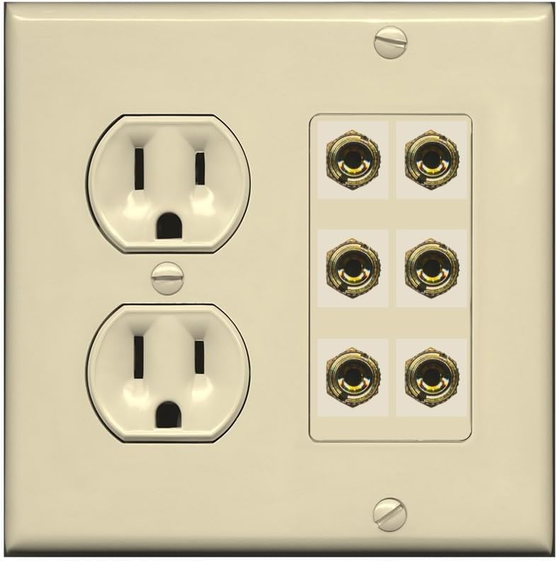 RiteAV 6 Banana 3 Speaker Surround Female Coupler Binding Post Wall Plate - Round Outlet [Ivory/Ivory]