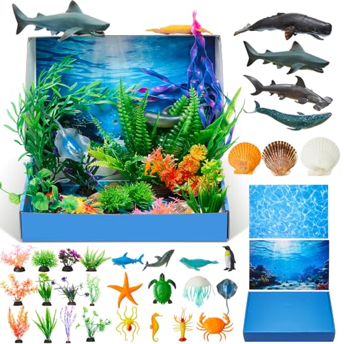 AmazingSpark 46 Pcs Ocean Diorama Kit Habitat Project Supplies Under The Sea Animals Figures Shark Fish Figures Artificial Coral Sea Grass with Diorama Box for Gifts Birthday Party Decorations(Ocean)