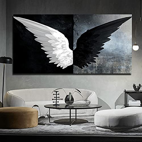 Art mural noir et blanc ailes d'ange toile moderne 50x100cm