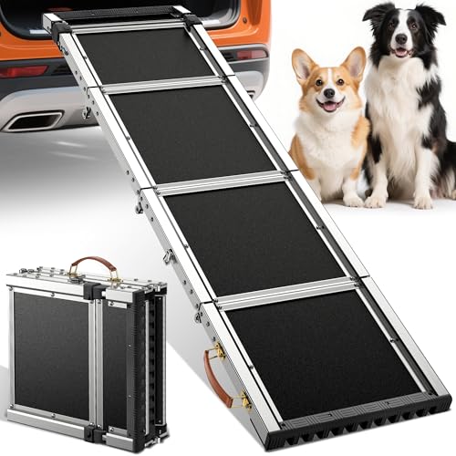 Extra Lang 170cm Hunderampe Auto Klappbar,Hundetreppe Auto mit High Traction Oberfläch, rutschfest hunderampen für Autos, LKWs und SUV, Bis zu 150 kg,Dog ramp for car (Schwarz, 170cm)
