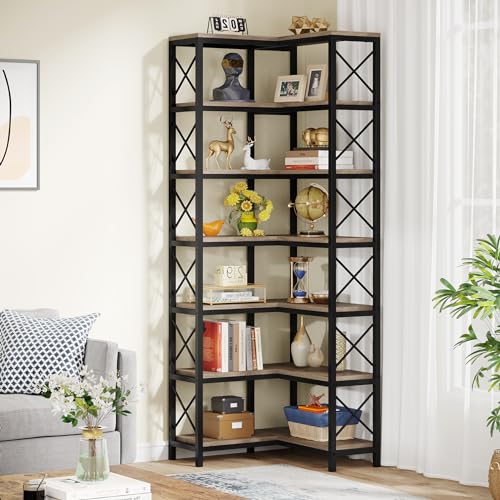 Image of Tribesigns 7-Shelf Corner Bookshelf,Large Modern Corner Bookcase, 7-Tier Tall Corner Shelf Storage Display Rack with Metal Frame for Living Room Home Office (Grey)