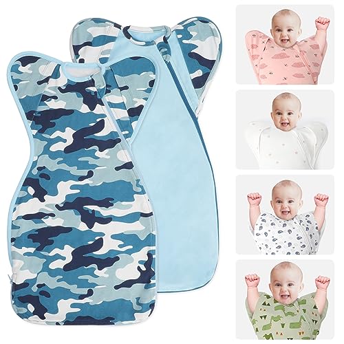 Image of Knirose Swaddle Blanket Sleep Sack with Arms Up Design 2 Packs, Hands Up Sleeping Sack 3-Way Transitions to Arms-Free Wearable Sleeping Bag for Newborn Baby Boys Girls Snug Fit Calms Startle Reflex