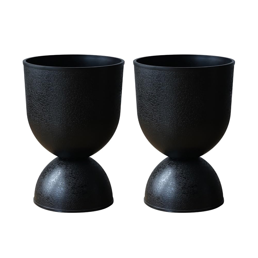 Lookat Modern Hourglass Planter, Indoor Decorative Plastic Plant Container, Textured Metal Look, Contemporary Home Garden Pot (Black, CUP001)