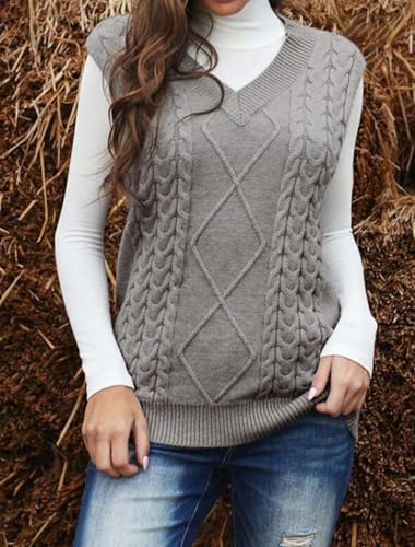 Hyipels Women's Sweater Vest,Long Cable Loose Knitted Sleeveless V Neck Casual Sweaters Tank Top S~XL2