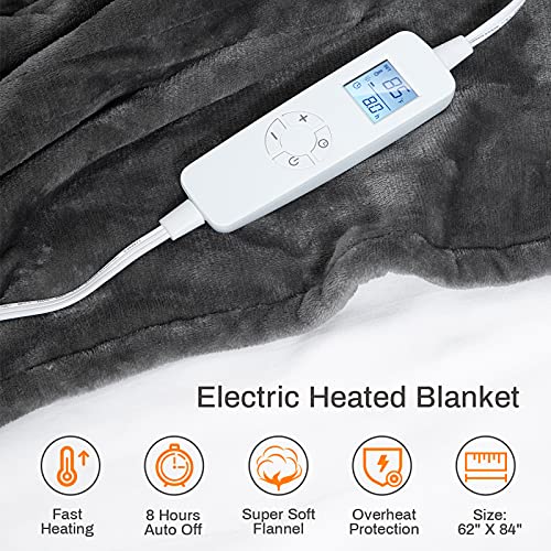 Electric Heated Throw Blanket Twin Size 62" X 84" | 6 Levels Fast Heating & Machine Washable | Full Body Warming Soft Flannel Sofa Bed Blankets With Auto-Off Overheating Protection 8H Timer | Grey #TOP3