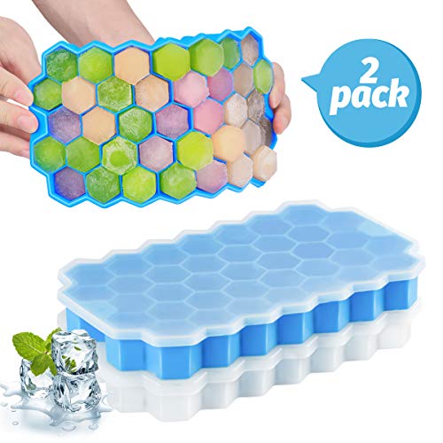 Molde para cubitos de hielo, 2 unidades, 37 compartimentos, forma de cubo de hielo con tapa, flexible gel de sílice para bebidas frías, whisky y cócteles, certificado LFGB y sin BPA