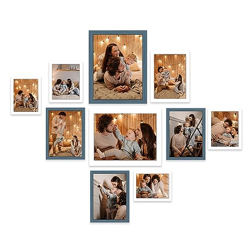 Image of Art Street Large Collage Wall Photo Frame Individual Picture Frame Set For Living Room, Decorative Wall Hanging Home Decor - Set Of 10 (4x6, 5x7, 6x8, 8x10 Inch, White-Blue)