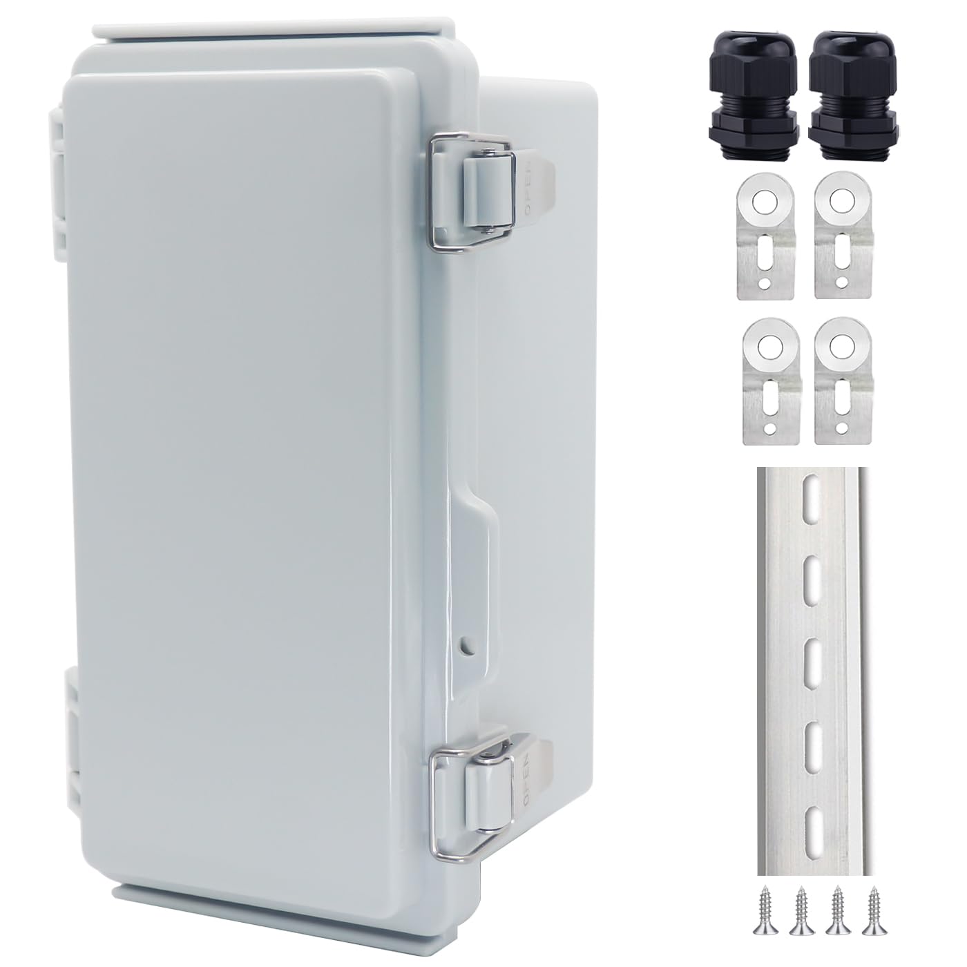 IP67 Waterproof Junction Box, ABS Plastic Electrical Enclosure with Stainless Steel Latch, Hinged Cover Electric Box with Mounting Plate, Wall Brackets & Cable Glands 280x190x130mm — Amazon image 22
