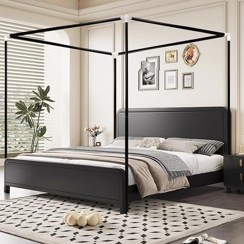 Stainless Steel Canopy Bed Frame Full Size, Sturdy Post Poles Thicken Full Size Canopy Frame for Metal Bed Wood Bed Bedroom Decor, Black