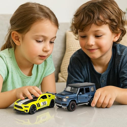 Image of Mustang GT & Defender Die-Cast Car Combo - 1:36 Scale Metal Pull Back Toy Cars for Kids, Boys, Collectors - Alloy Car Set with Opening Doors - Birthday Gift Pack - 2 Pcs