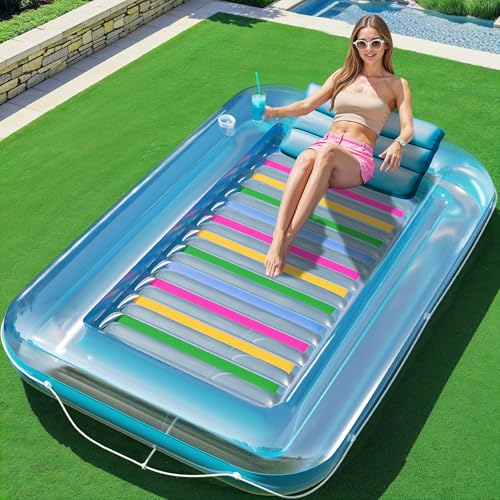 JAMBO Inflatable Tanning Pool Lounger Float, 70 x 47 Sun Tanning Pool Float with Pillow, Water Lounge Raft, Pool Floatie for Adults, Tanning Raft Pool Tub, Water Tanning Bed Kiddie Pool Tanning Floats