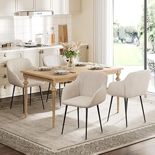 Goeurvant Set di 4 Sedie Sala da Pranzo Beige con Braccioli Sedia Imbottite per Cucina Moderna in Poliestere con Gambe in Metallo