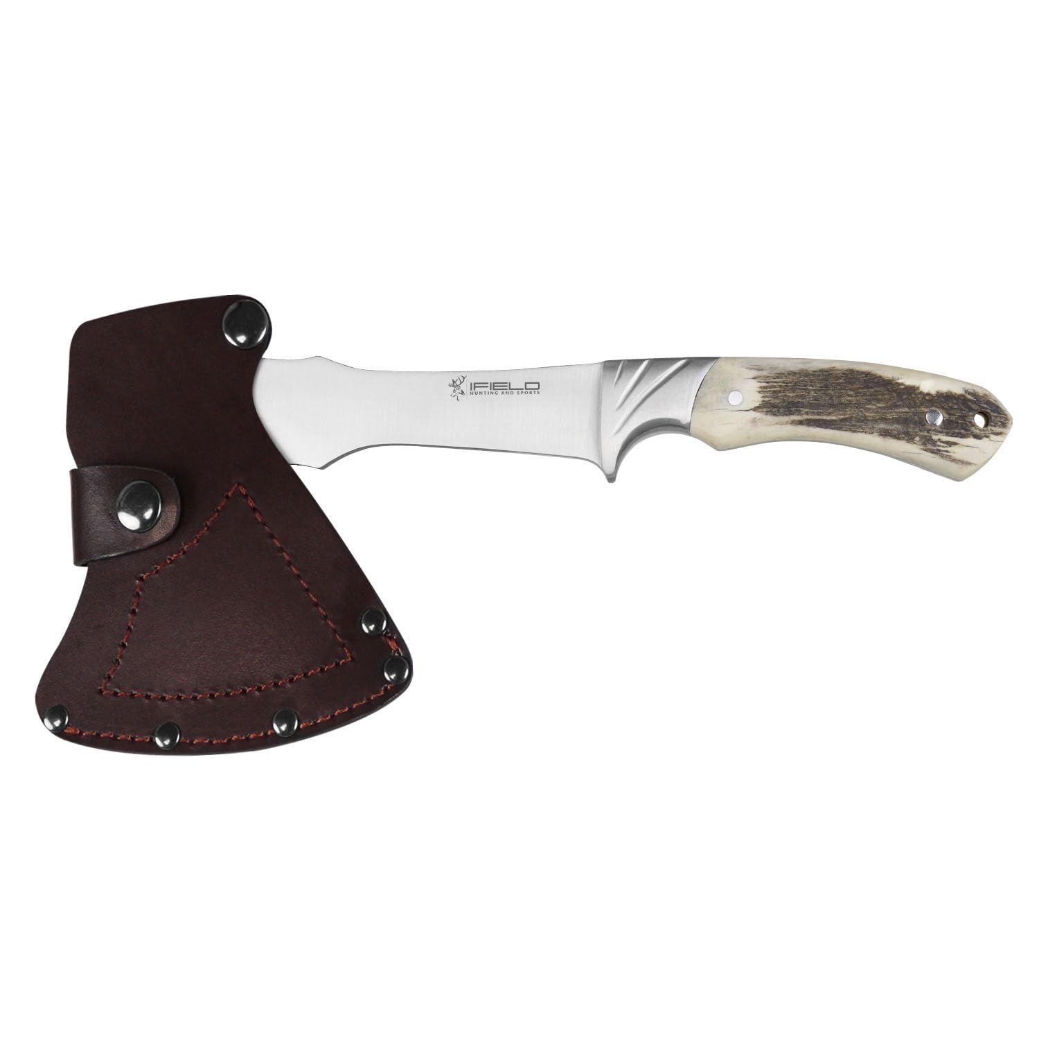 iFIELD Ascia di Sopravvivenza EL29003, Lama in Acciaio Inossidabile 17cm, Dimensione Totale 29,5cm, con Fodero in Pelle, Manico in Corno di Cervo, da Campeggio per la Pesca, Caccia, attività Sportive