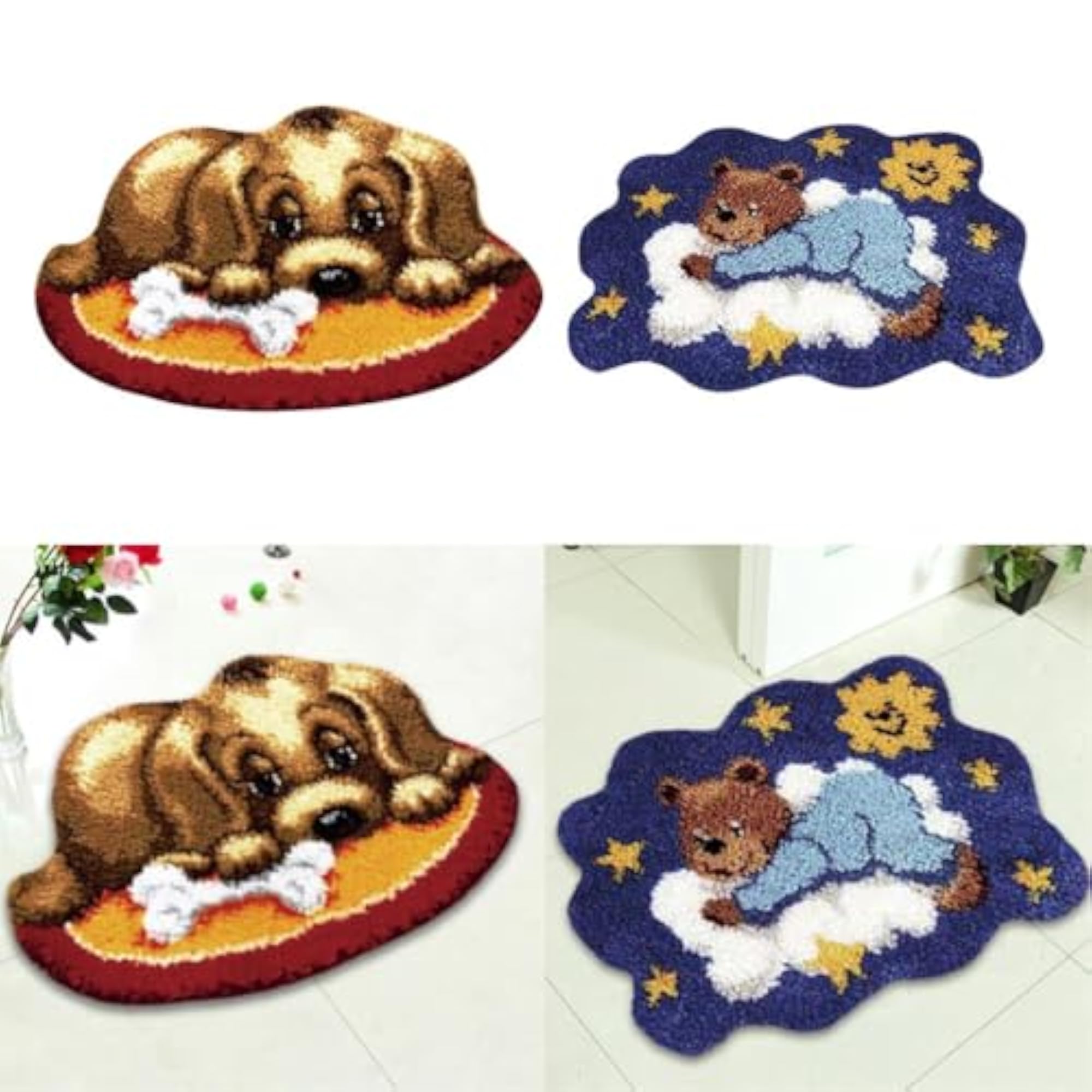 2 Set Animal Bear Dog Latch Hook Kits with Basic Tools for Rug Making