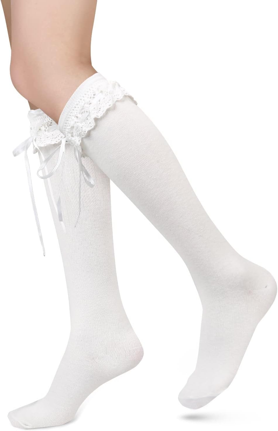 Womens Lace Ruffle Knee High Socks Girls Cute Lace Top Lolita Long Socks Black White Knee High Sock