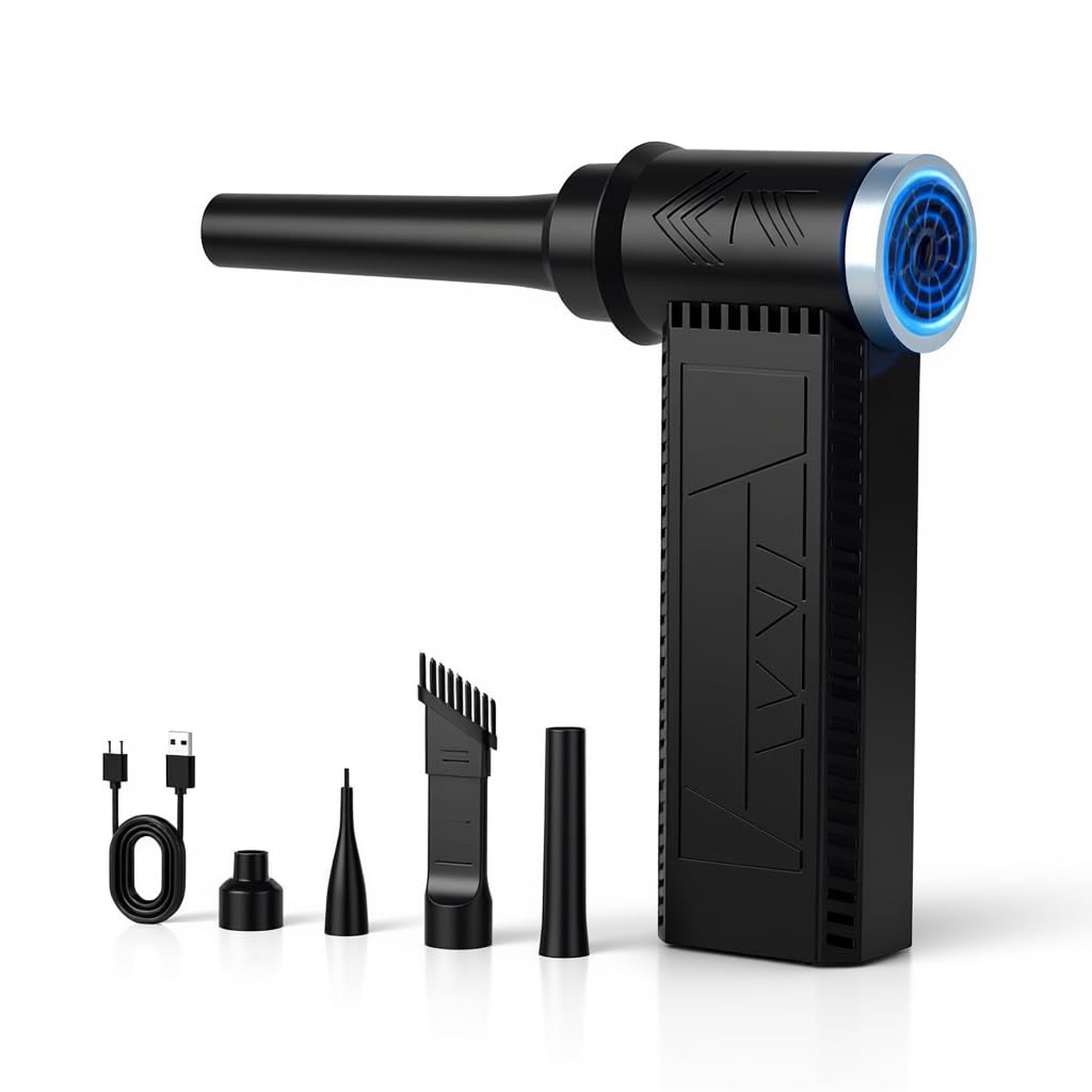 Goweto 電動エアダスター, 12000RPM高速回転, Type-C充電式,4段階風量調整 PC/キーボード掃除/洗車/エアコン掃除/電子機器清掃用,4種ノズル付き 用空気入れ/おもちゃ掃除/ペットの毛取り/業務用/家庭用