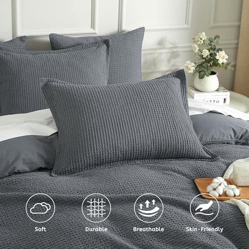 SE SOFTEXLY Waffle Duvet Cover King, 100% Cotton Waffle Weave Bedding Duvet Cover Set, Soft and Breathable Comforter Cover for All Season, 3 Pieces Including Pillow Shams(Dark Grey, 104”x90”)