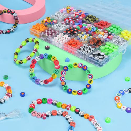 Image of Gionlion Sports Polymer Clay Beads Bracelet Making Kit, Clay Beads with Basketball, Soccer, Baseball, and Football Designs for DIY Jewelry & Craft Projects