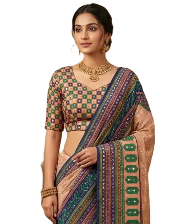 Image of Women's Chinon Silk Saree with Printed Design, Mirror Work & Zari Woven Detailing | Ethnic Wear Saree with Unstitched Blouse Piece | Traditional Festive & WeddingWear