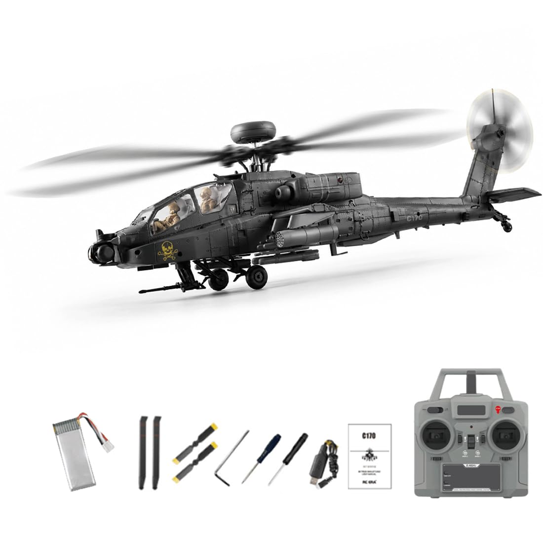NULA RC-ERA C170 AH-64D 6CH RC Helicopter 1/48 Flybarless Military Aircraft With Optical Flow Positioning,Altitude Hold,Brushless Motor,One-Key Inverted Flight-Dark Grey/1 Battery