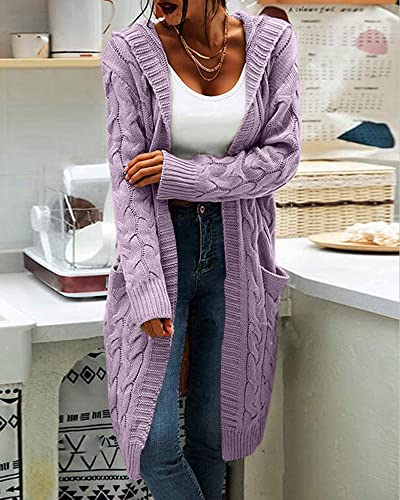 Image of Bwogeeya Women Hooded Open Front Cardigan Cable Knit Sweaters Solid Color Chunky Long Sweater Coats Light Purple