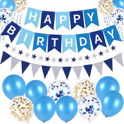 Blue Happy Birthday Banner 22Pcs Birthday Decorations for Boys & Men - 16 Pcs 12 inch Balloons Star & Triangle Bunting Ribbons Birthday Party Decorations