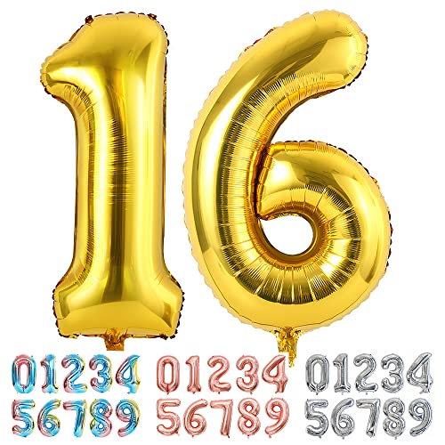 Ponmoo Foil Globo Número 16/61 Dorado, Gigante Numeros 0 1 2 3 4 5 6 7 8 9 10 19 20 29 30 40 50 60 70 80 90 100, Grande Globos Decoración para La Boda Aniversario y Cumpleaños Fiestas