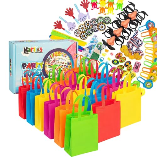 Party Bags 30 Pack + Bags Fillers Assorted Colors Kids Party Favors - #10 Colorful Luxurious Gift Bag with Handle - Reusable Fabric Totes for Parties, Birthday Giveaway Toys and Snacks Bag