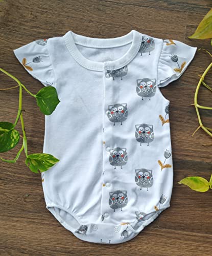 Image of Picksparrow Cotton Newborn Baby Rompers, Cap, Booties, Mittens Set /Newborn Essentials (Set of 4(Owl-Girl))