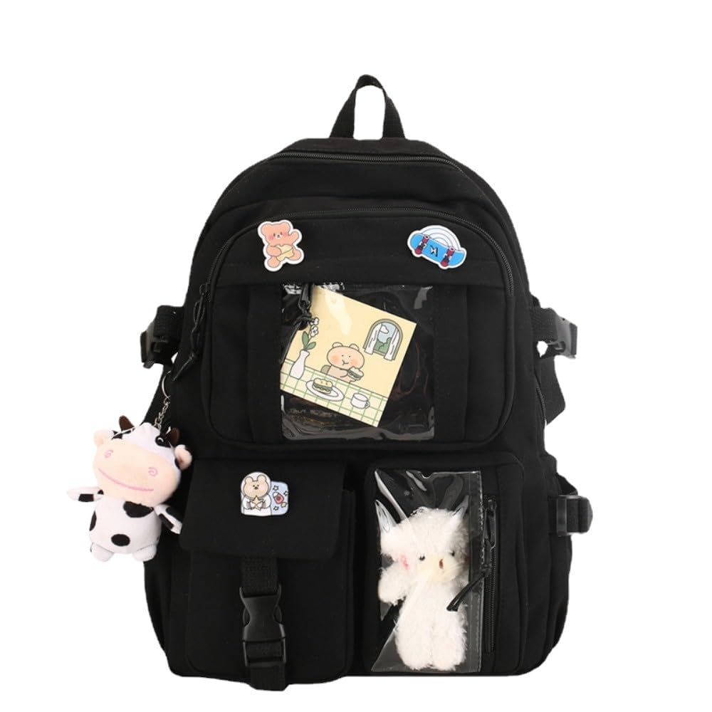 PIardi Cute backpack with accessories kawaii Large Capacity Aesthetic backpack (Black)