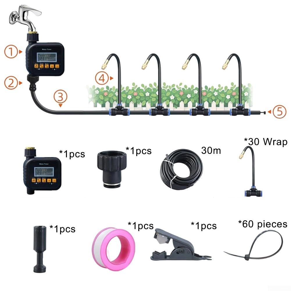Kit de riego automático de 360 grados con temporizador, boquilla de pulverización ajustable, sistema de riego por goteo para jardín, césped, patio, para un cuidado eficiente de plantas al