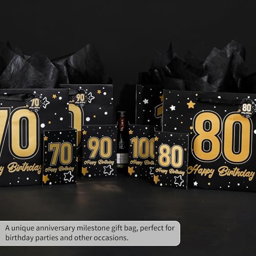 Image of Powbrace 13 inch Black 100th Birthday Gift Bag with Tissue Paper and Greeting Card for Party,Happy Birthday Gift Bag for Men Women,Gift Bags Medium size(1 Black 100th)