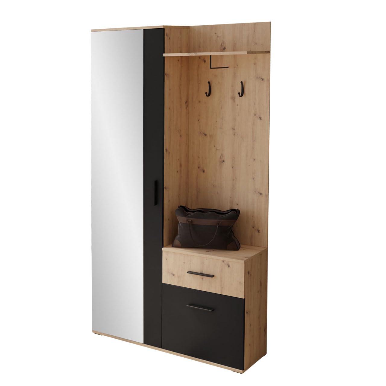 Mirjan24 Garderoben-Set Epic, praktische Wandgarderobe mit 2 Kleiderhaken, Schrank und Schuhschrank geeignet als Flurgarderobe (Artisan/Schwarz)