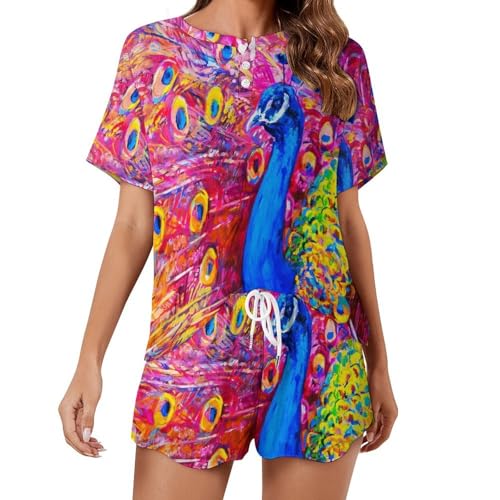 Pyjama pour femme paon coloré ensemble de nuit manches courtes été