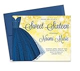 Modern Pink Paper Blue Sweet 16 Invitations with Envelopes, Personalized Sweet 16 Invites, Navy Blue Dress 16th Birthday Invitations for Girls, Your choice of Quantity, Info and Envelope Color