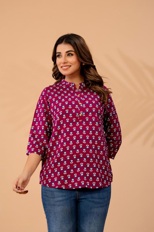 Image of Women's Cotton Printed Kurta Top | 3 /4 Sleeve Straight Kurti Casual Outings