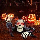 MAIAGO 3 PCS Halloween Decorations Outdoor, Scary Glowing Red Eye Realistic Skeleton and Skeleton Hands Arm Stakes with Bloody Cloth for Halloween Graveyard DΓ©cor, Garden, Lawn, Haunted House Props