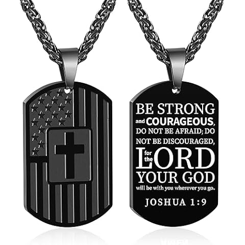 DuoDiner Dog Tag Necklace for Men, Stainless Steel Pendant Chain American Flag Cross Baptism Religious Christian First Communion Confirmation Jewelry Gifts Joshua 1:9 Black Cover