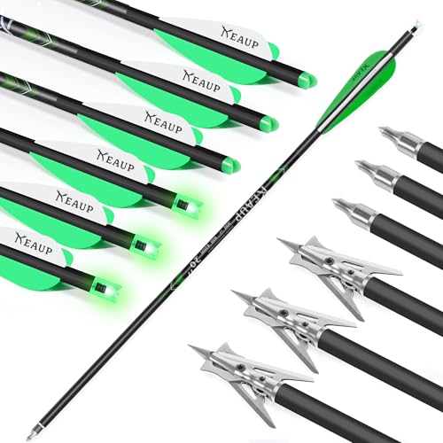 20 inch Carbon Crossbow Bolts with Crossbow Broadheads and Lighted Nocks, 6 Pack Hunting Carbon Crossbow Arrows for Archery Practice and Hunting