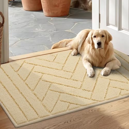 Image of hicorfe Indoor Doormat,Front Back Door Mat Rubber Backing Non Slip Door Mats 20 inchx32 inch Absorbent Resist Dirt Entrance Doormat Inside Floor Mats for Entryway Washable Low-Profile(Cream Yellow)
