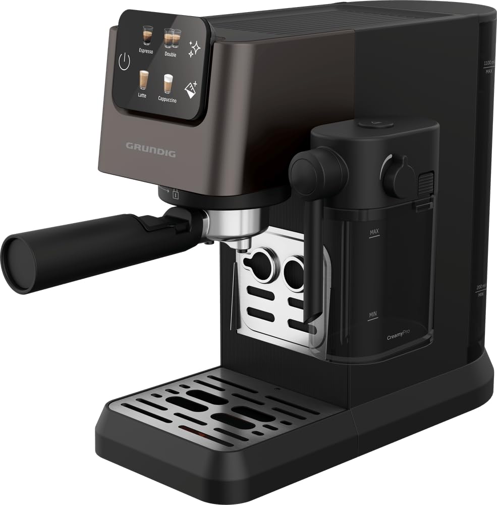 GRUNDIG KSM 5330 Cafetera con depósito de leche integrado, potencia 1628 W, presión de bomba 15 bar, doble boquilla, pantalla táctil colorida, BrewSense, CreamyPro, Dark Inox/Negro