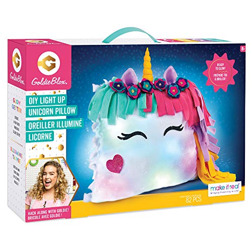 Make It Real GoldieBlox - DIY Glowing Unicorn Pillow STEM DIY Arts & Crafts - Includes Sewing Kit and Color Changing Lights