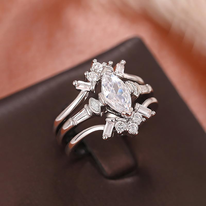 A Set of Three Marquise Geometric Rings for Women Exquisite Light Luxury Rings Engagement and Wedding Ladies Fine Jewelry4