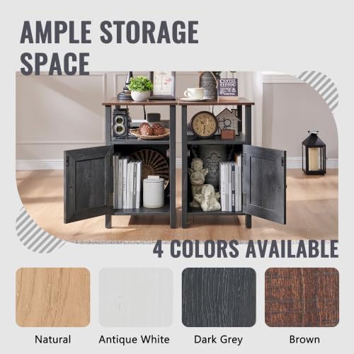 Image of IFBUY Farmhouse Nightstands Set of 2, Narrow Bedside Table with Charging Station, Night Stand Set 2 with Storage & Open Shelf, End Tables w /Groove Barn Door for Bedroom, Living Room, Dark Grey
