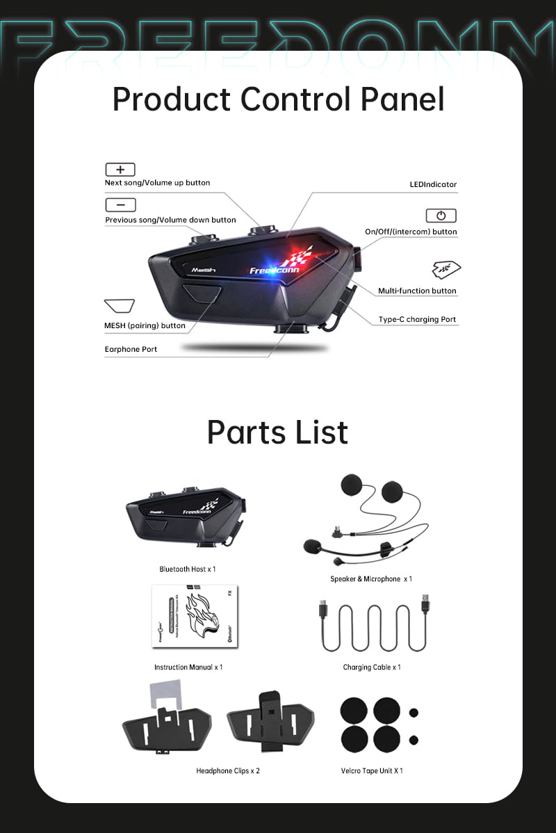 FreedConn Auriculares Bluetooth para motocicleta FX PRO 10 Riders Group Bluetooth para casco, intercomunicador, sistema de comunicación IP67, cuerpo ultrafino con intercambio de música